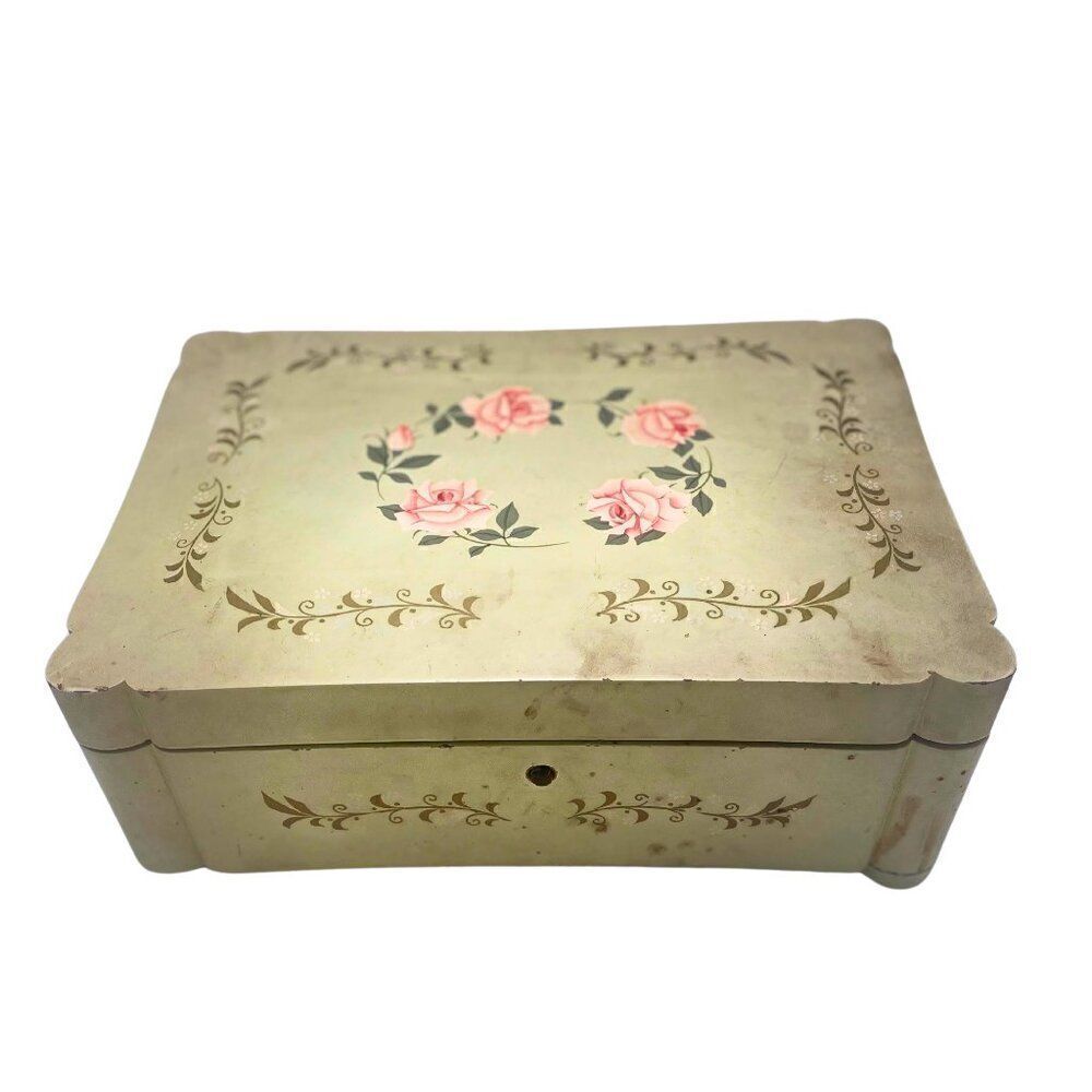 Rare 1940s Antique Lacquerware Pink Floral Mint Green Tokiwa Musical Jewelry Box